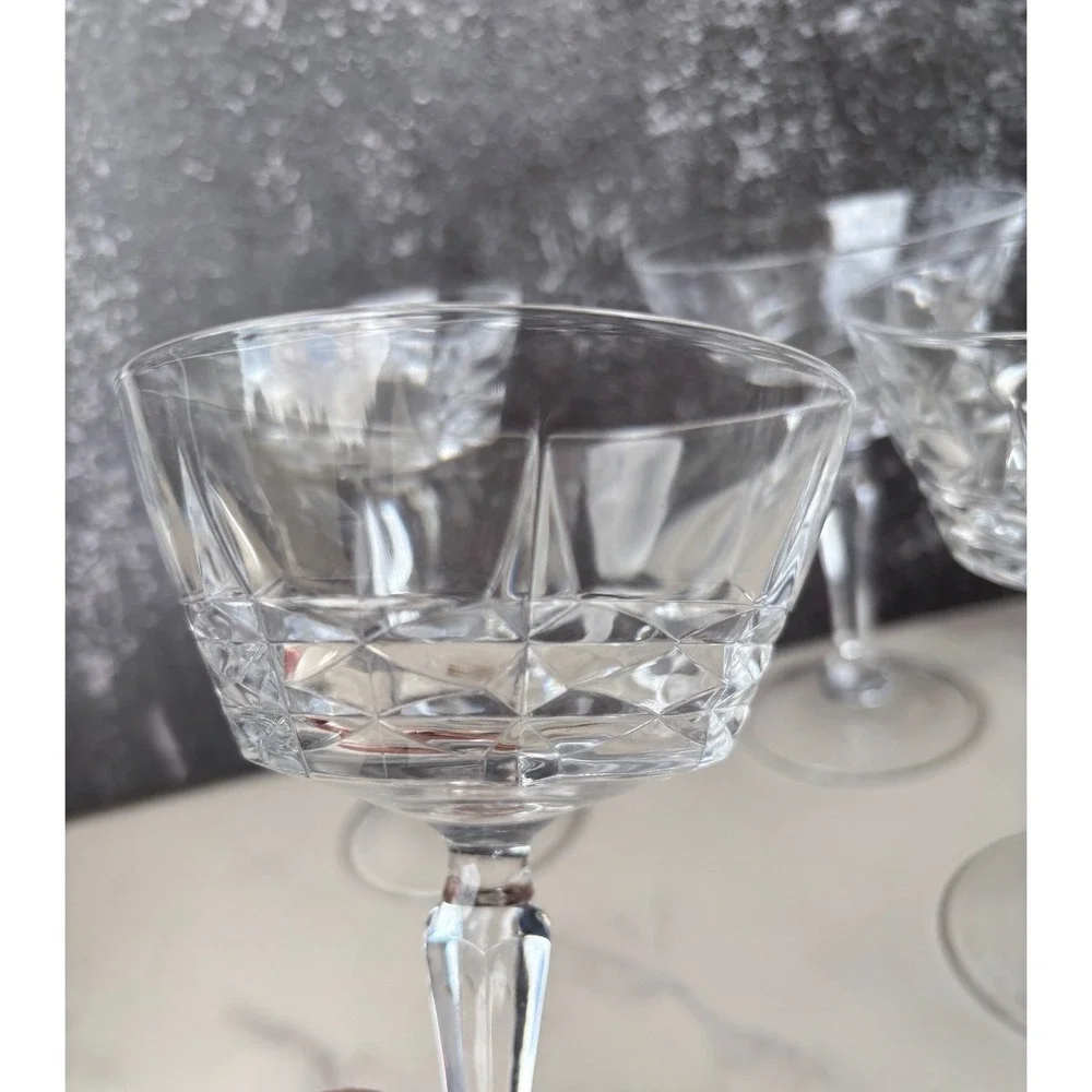 Vintage Crystal Champagne Coupe Glasses Set‎ of 4 Diamond Cut Pedestal Stemware